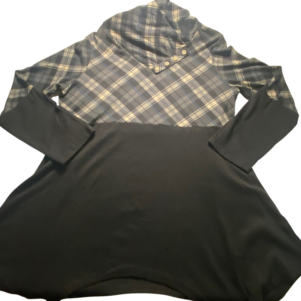 Miusey Women Plaid Cowl Neck Tunic Top Long Sleeve Button Trim Black Gray 2XL